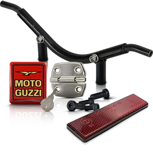 Spare parts such as motorcycle handlebars, reflector, hinges, screws and a red Moto Guzzi emblem.